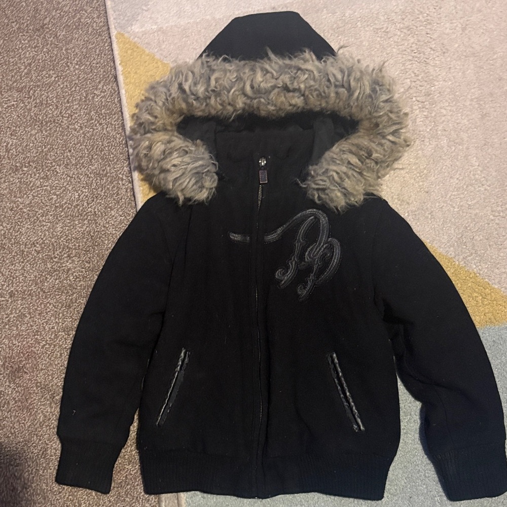 Pelle Pelle Black Jacket with Fur Hood WMNS SIZE XXS girls large. Very beautiful